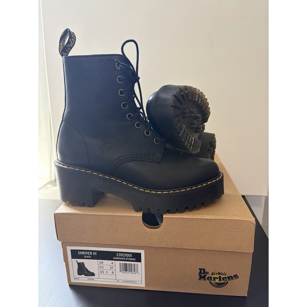 Dr. Martens Shriver Hi Black Leather Platform Lug Lace-Up Ankle Boots US 6 EU 37